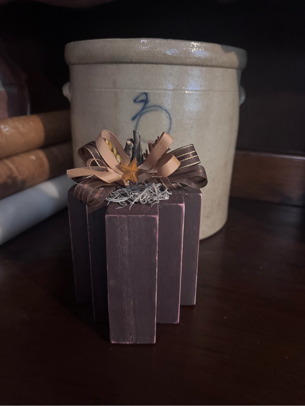 Rustic Decorative Block Wooden Pumpkin with Ribbon Topper and Rusty Star